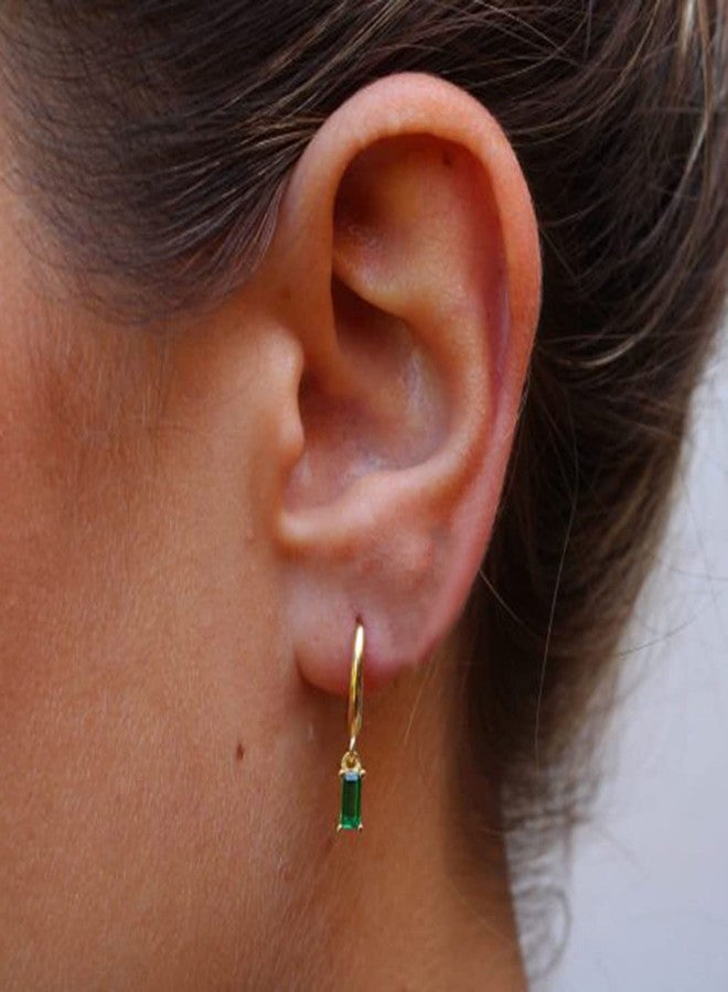BLBLJERY Green Earrings 18k Gold Plated Huggie Earring with Dangle Simulated Emerald Earrings for Women Small Gold Huggie Hoop Baguette Earring - Image 3